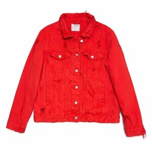 ZARA Trafaluc Red Distressed Denim Jacket Women’s M Raw Hem Grunge Punk